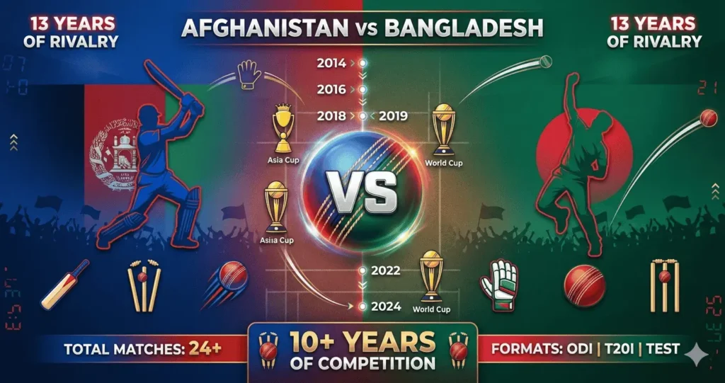 Afghanistan vs Bangladesh cricket rivalry timeline featuring match history, key statistics, and competitive encounters from 2014 to 2024