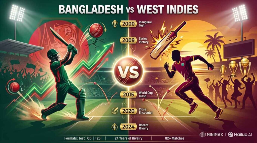 Bangladesh vs West Indies cricket timeline showing complete match history, key statistics, and rivalry evolution from 2000 to 2024 across all formats