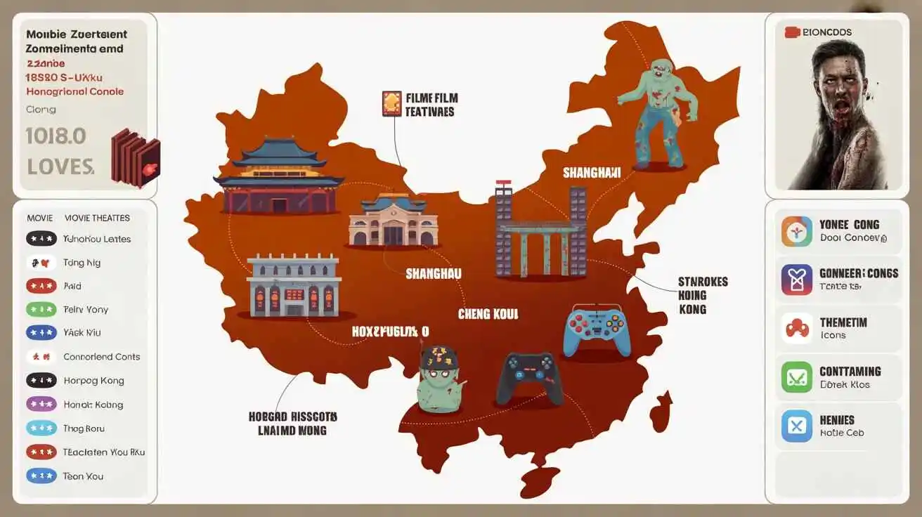 Chinese zombie entertainment map showing movies, games, and pop culture locations across major cities