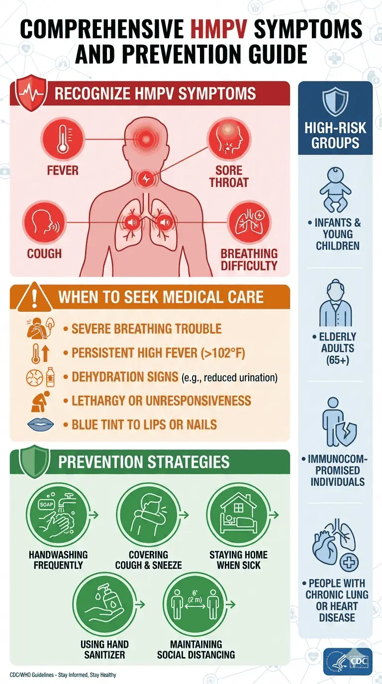 HMPV symptoms recognition guide and prevention strategies infographic showing when to seek medical care and protective measures