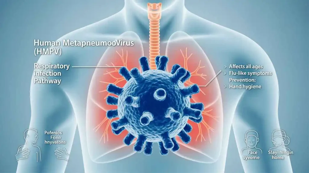 Educational diagram of human metapneumovirus HMPV structure and respiratory system infection pathway with prevention methods