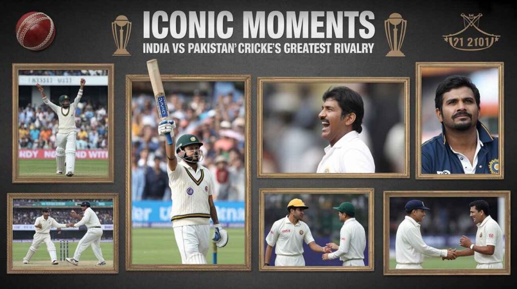 Iconic moments from India Pakistan cricket timeline including Miandad's six, Sachin's centuries, World Cup victories, and legendary performances