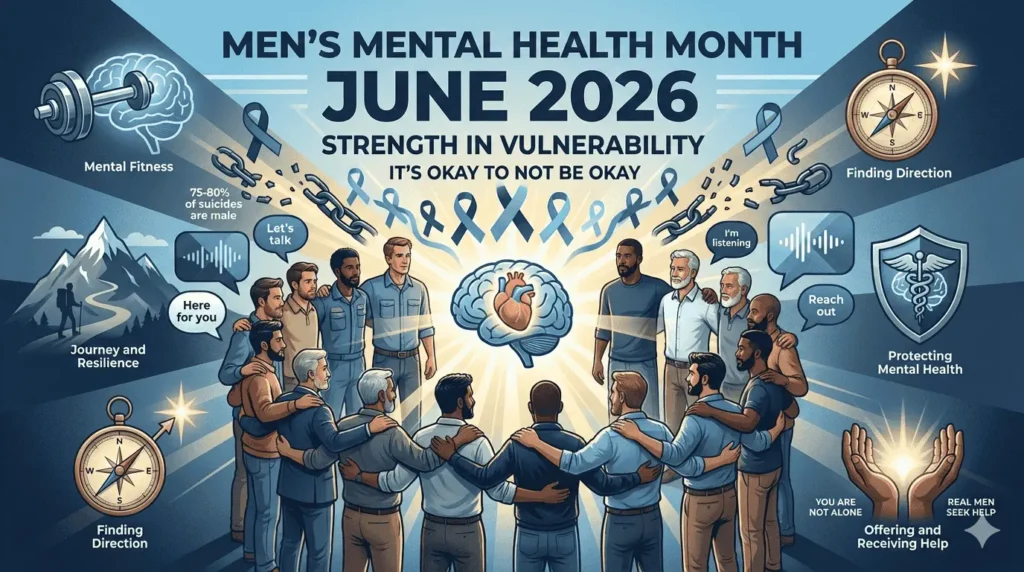 Men's mental health month illustration showing diverse men supporting each other with blue ribbons and empowering messages for June awareness