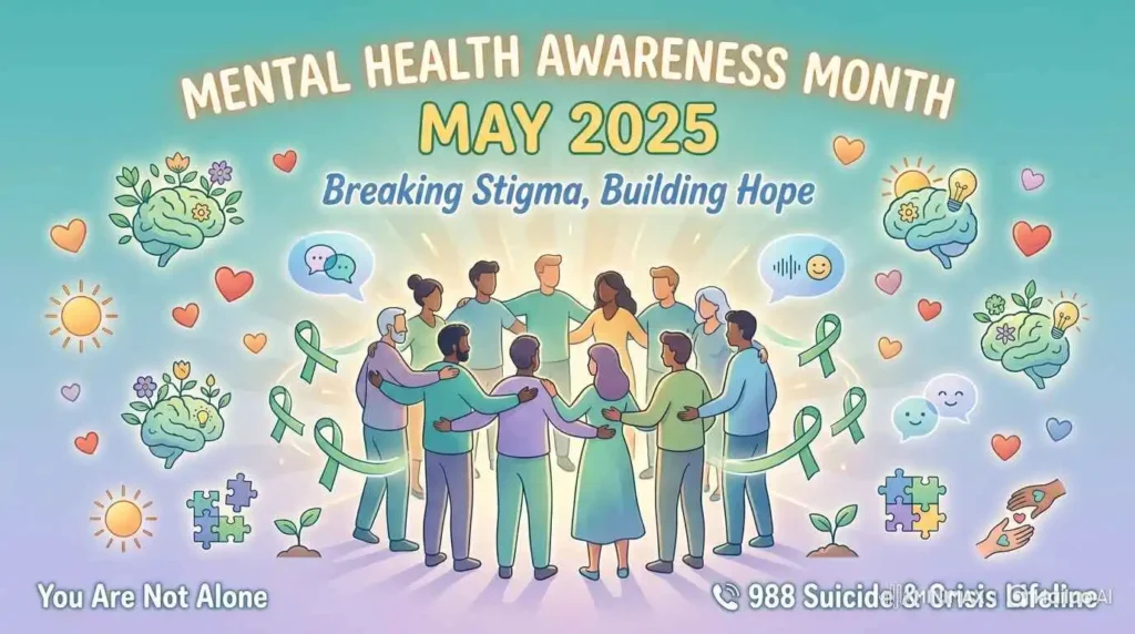 Mental health awareness illustration showing diverse community support with green ribbons and hopeful imagery for Mental Health Awareness Month 2026