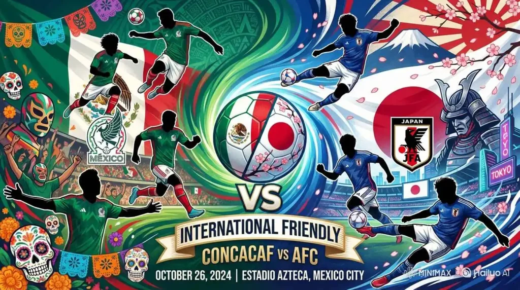 Mexico national football team vs Japan national football team international friendly poster showing both nations' football cultures