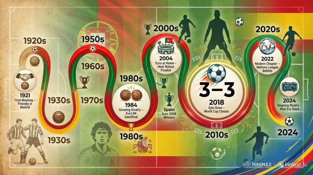 Timeline infographic showing Portugal national football team vs Spain national football team history from first meeting to 2024