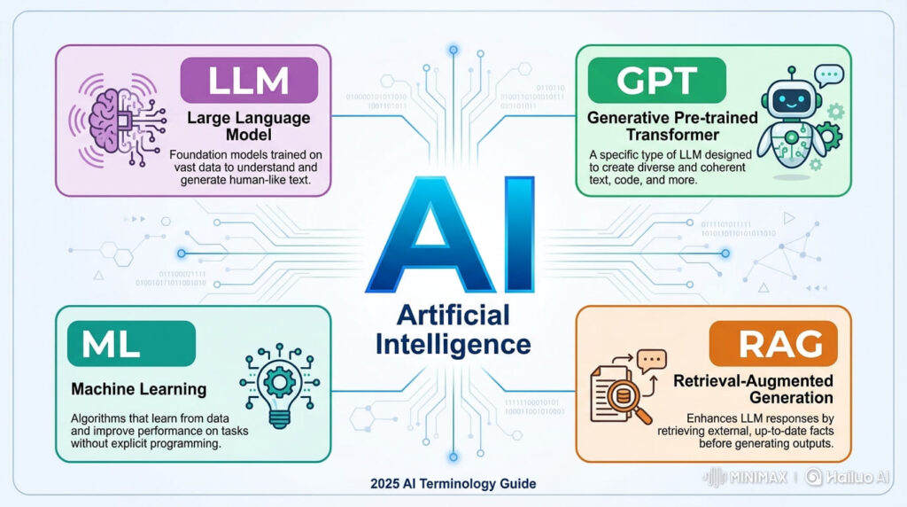 Visual guide showing what does AI stands for and key AI acronyms including LLM, GPT, RAG, and ML with simple definitions
