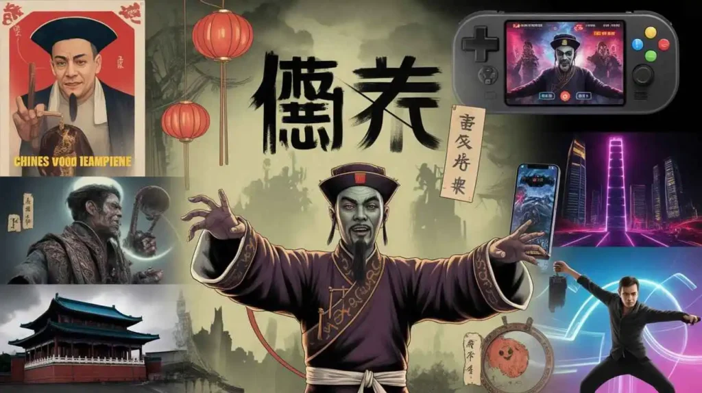 Chinese zombie culture collage featuring jiangshi folklore character with movies, games, and entertainment elements" File Name: zombies-in-china-entertainment-guide